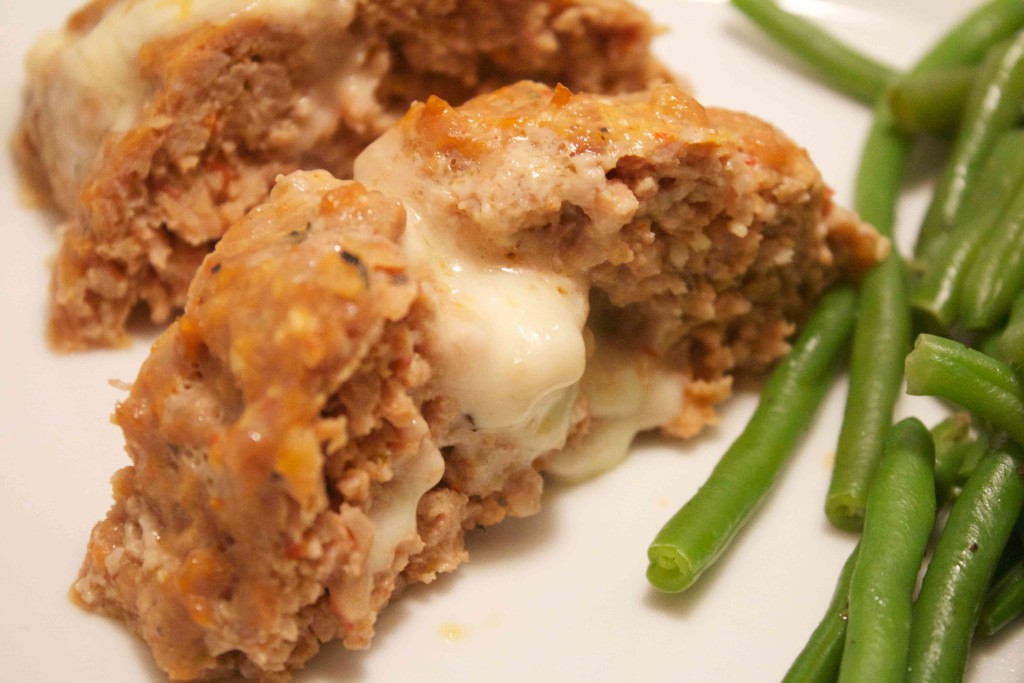 Turkey Sausage Meatloaf (stuffed with mozzarella). Low carb, bariatric friendly recipes at www.foodcoach.me
